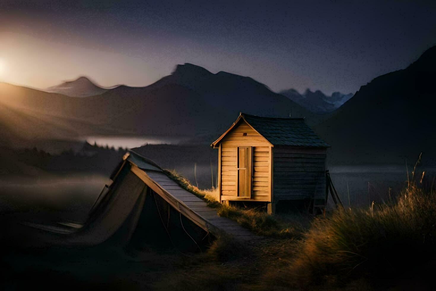a hut sits in the middle of a field with mountains in the background. AI-Generated photo