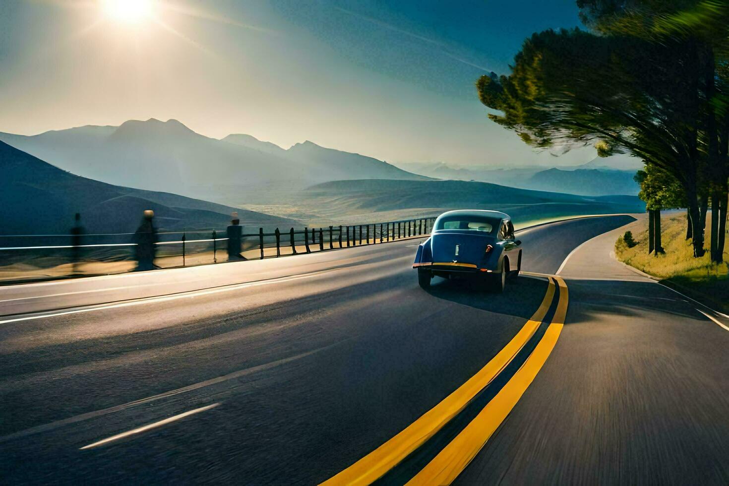 a car driving down a road with mountains in the background. AI-Generated photo