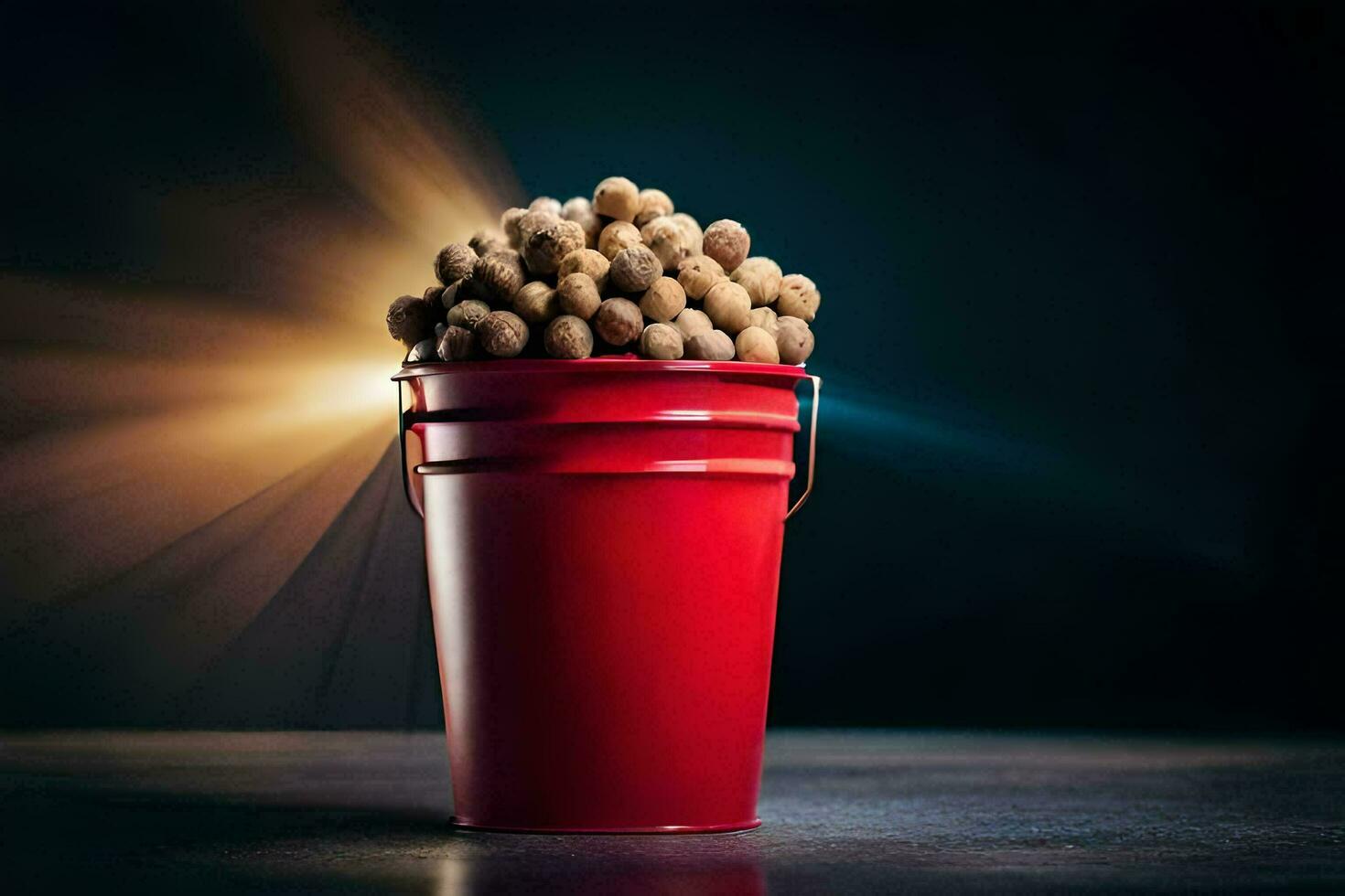 a red bucket filled with peanuts. AI-Generated photo