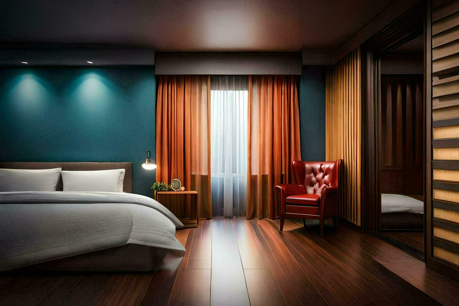 a hotel room with a bed, a chair and a lamp. AI-Generated photo