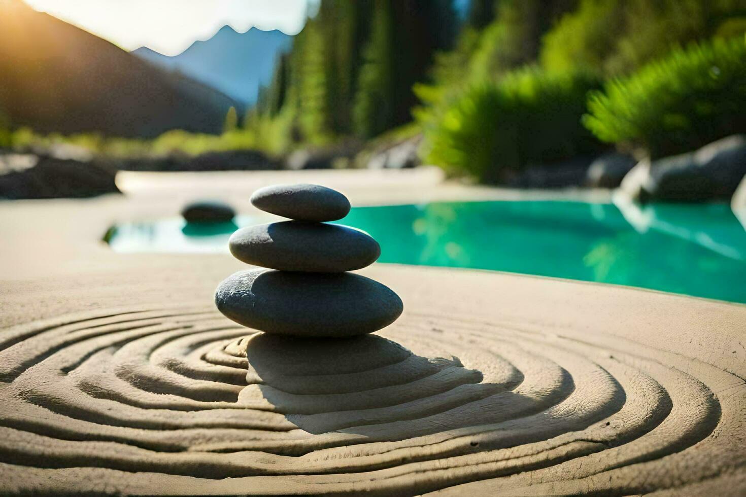 a stack of rocks sitting on the sand near a pool. AI-Generated photo