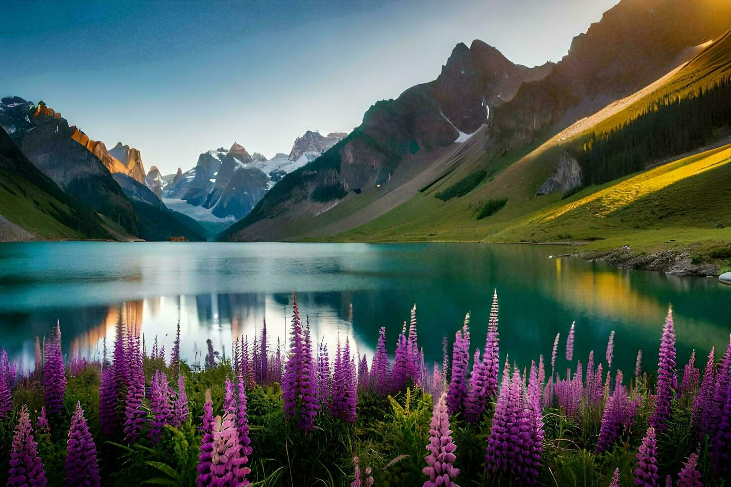 the lake is surrounded by purple flowers and mountains. AI-Generated photo