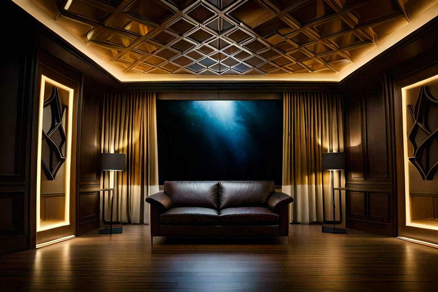 a room with a leather couch and a ceiling with a light. AI-Generated photo