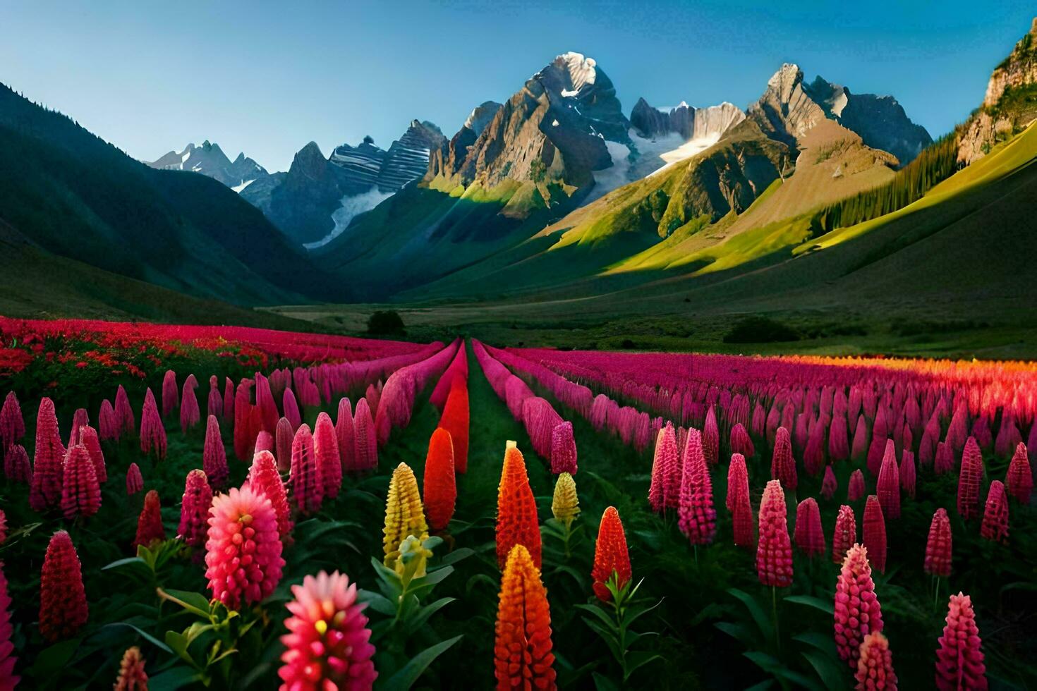 a field of pink flowers in front of mountains. AI-Generated photo