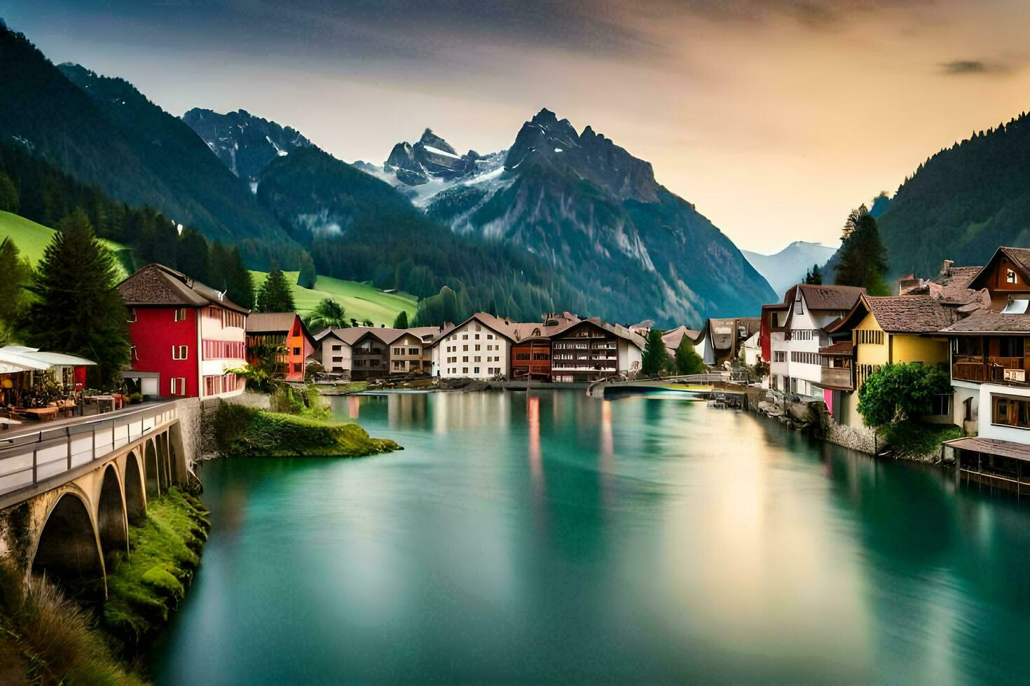 a river runs through a town in the mountains. AI-Generated photo