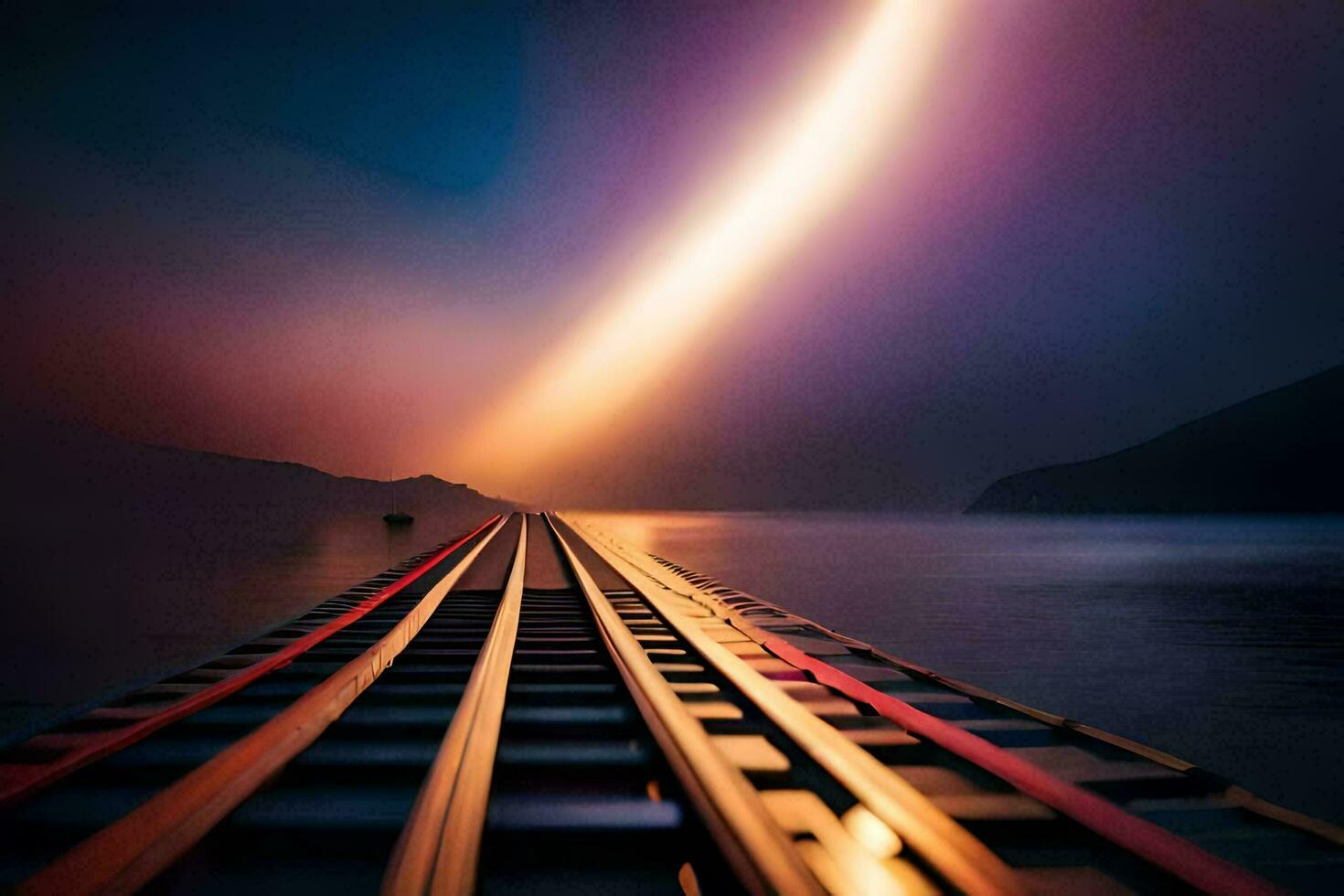 a train track leading into the ocean at night. AI-Generated photo