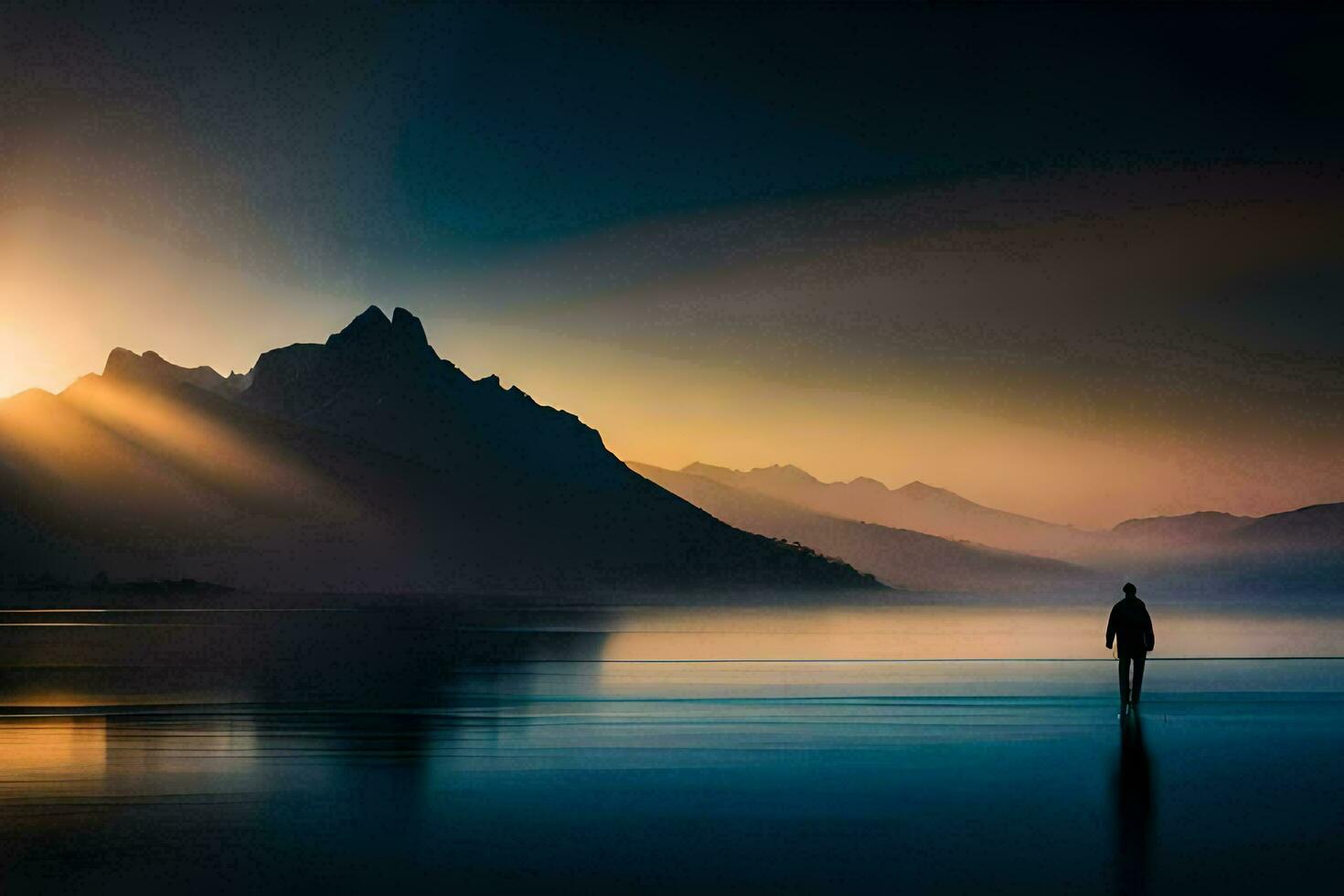 a man stands alone in the middle of a lake at sunset. AI-Generated photo