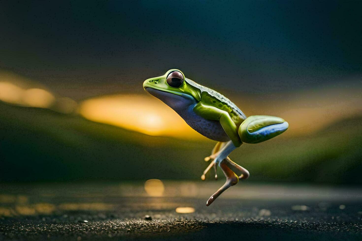 a frog jumping in the air with a sunset in the background. AI-Generated photo