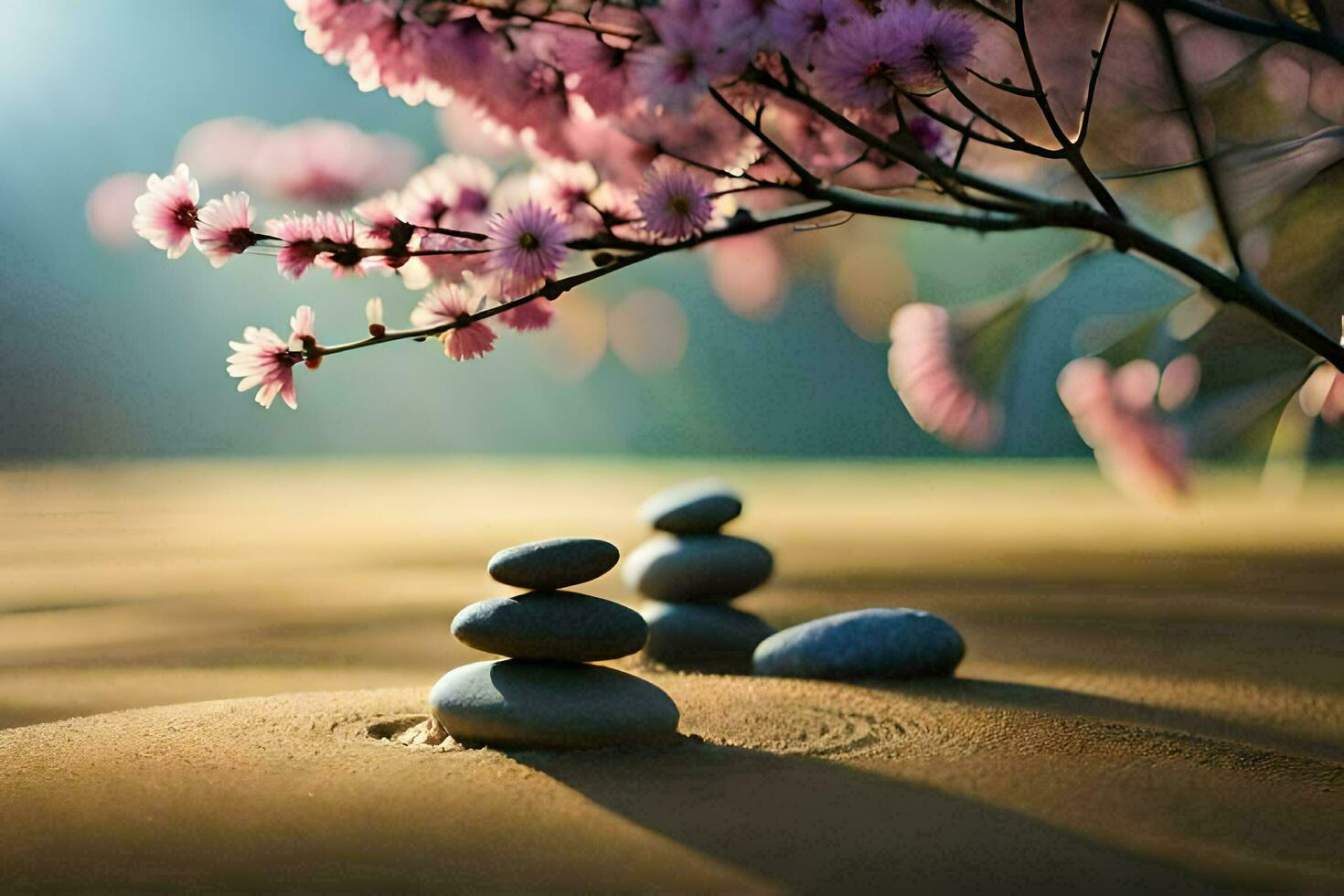 stone pebbles in the sand with pink flowers. AI-Generated photo