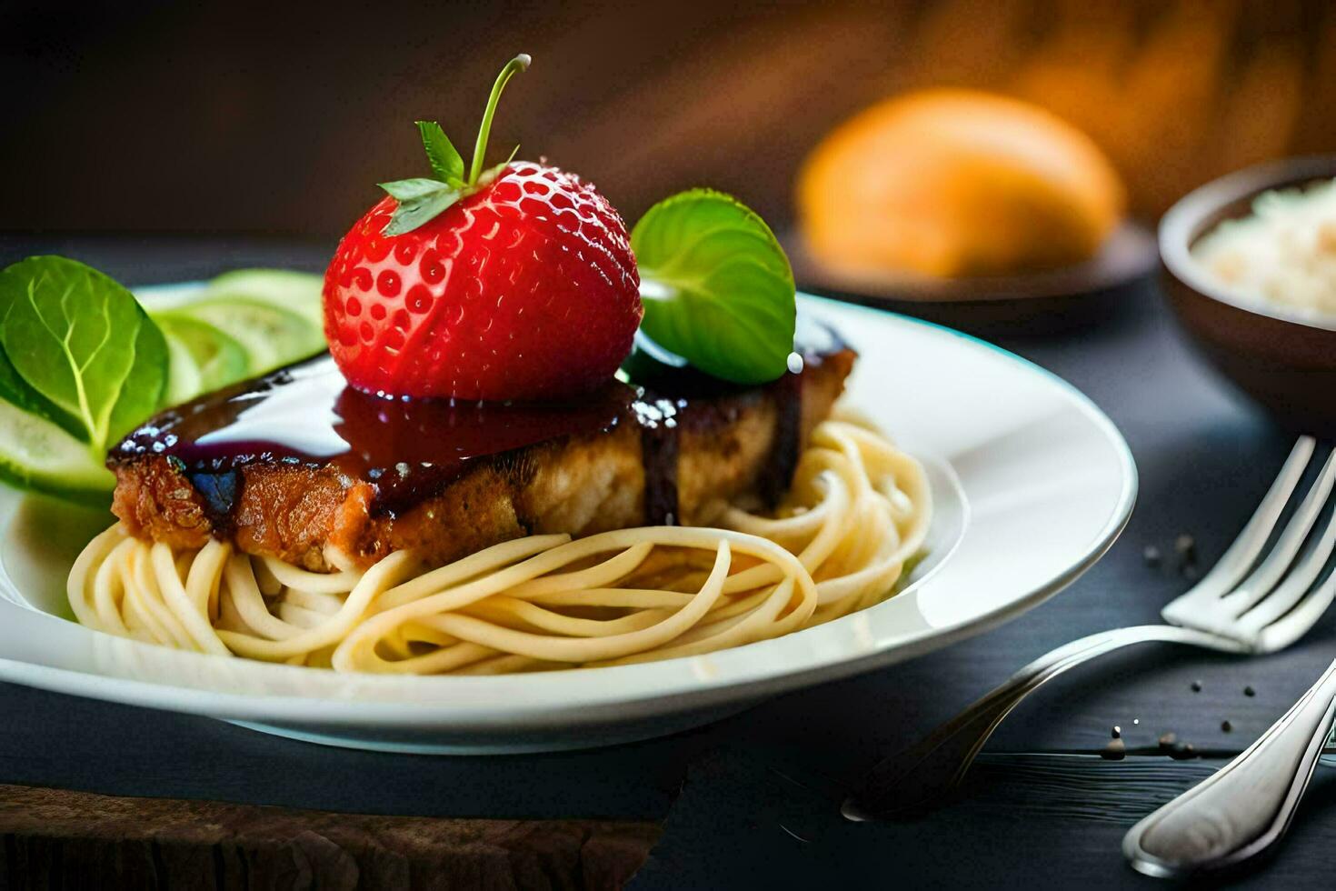 the food is served on a plate with a fork and a knife. AI-Generated photo