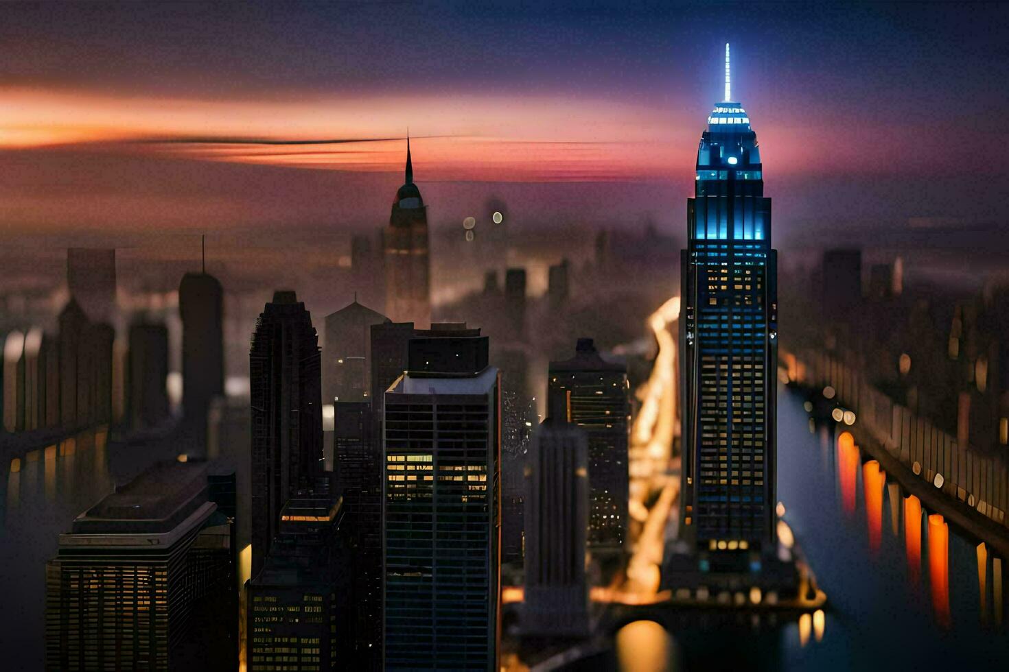 a city skyline at dusk with a blue light. AI-Generated photo