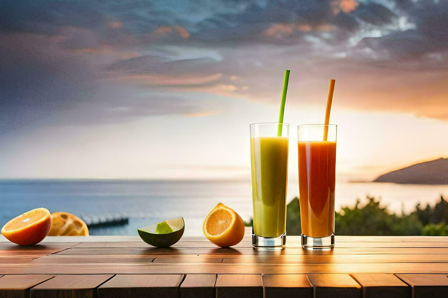 two glasses of juice with oranges and lemons on a wooden table. AI-Generated photo