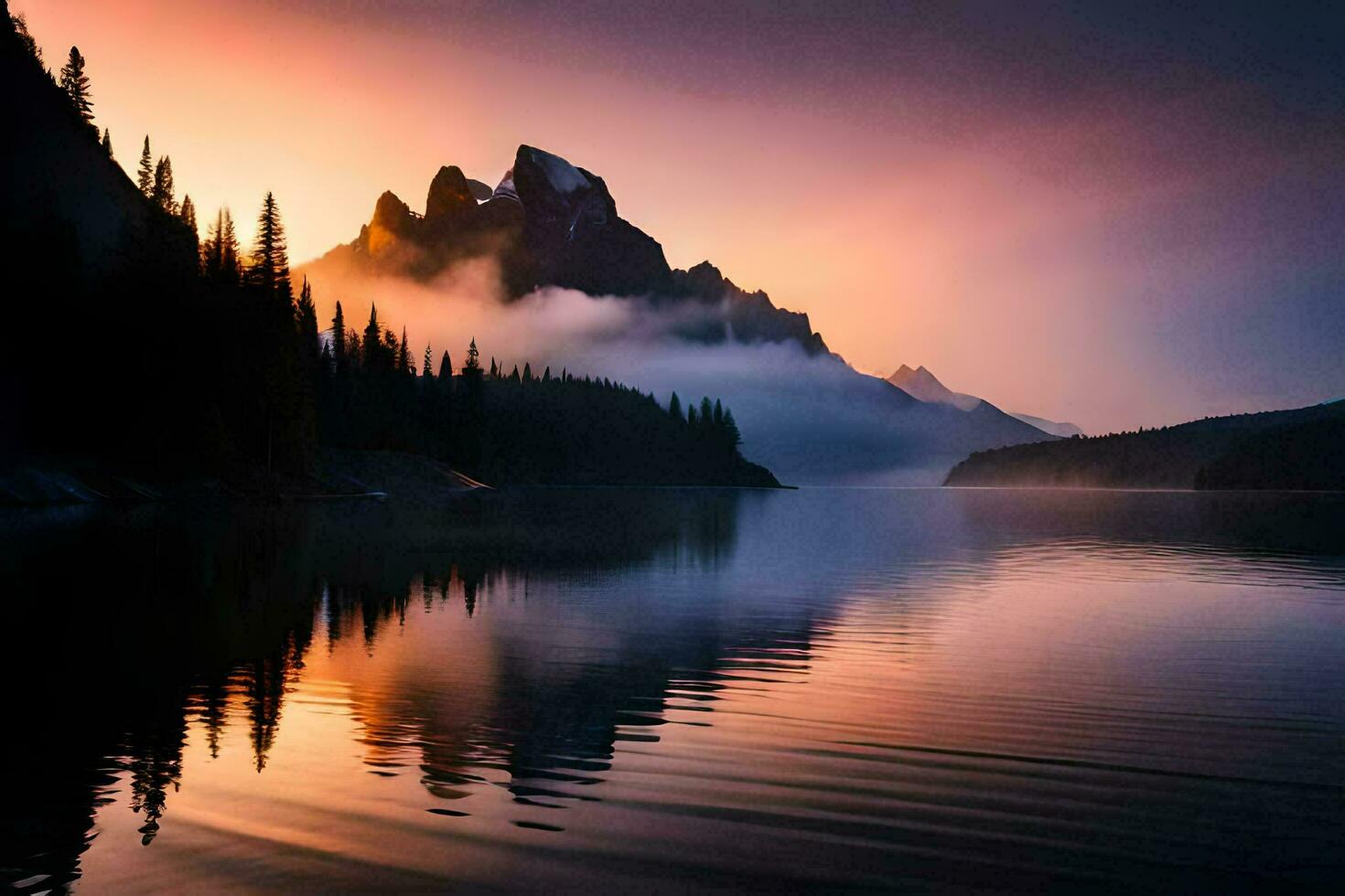 the sun rises over a mountain range and lake. AI-Generated photo