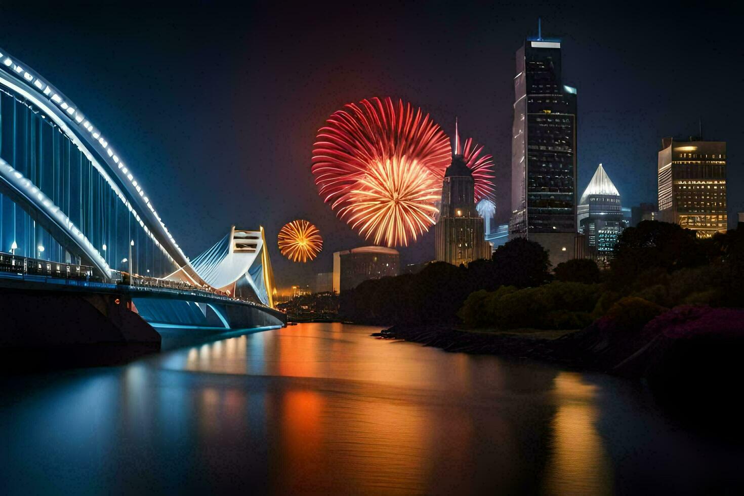 fireworks over the city skyline with a bridge in the background. AI-Generated photo