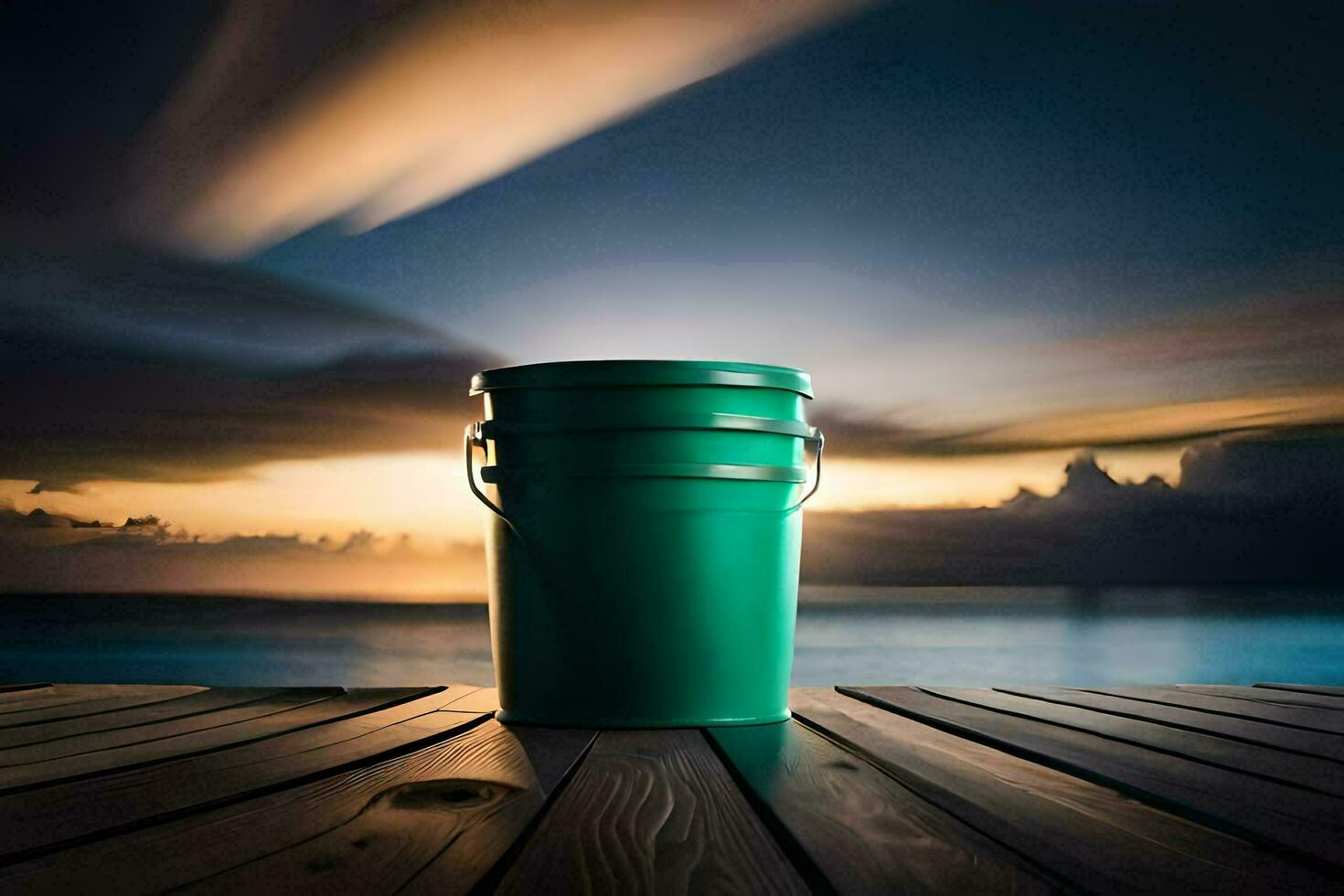 a green bucket sitting on a wooden deck overlooking the ocean. AI-Generated photo