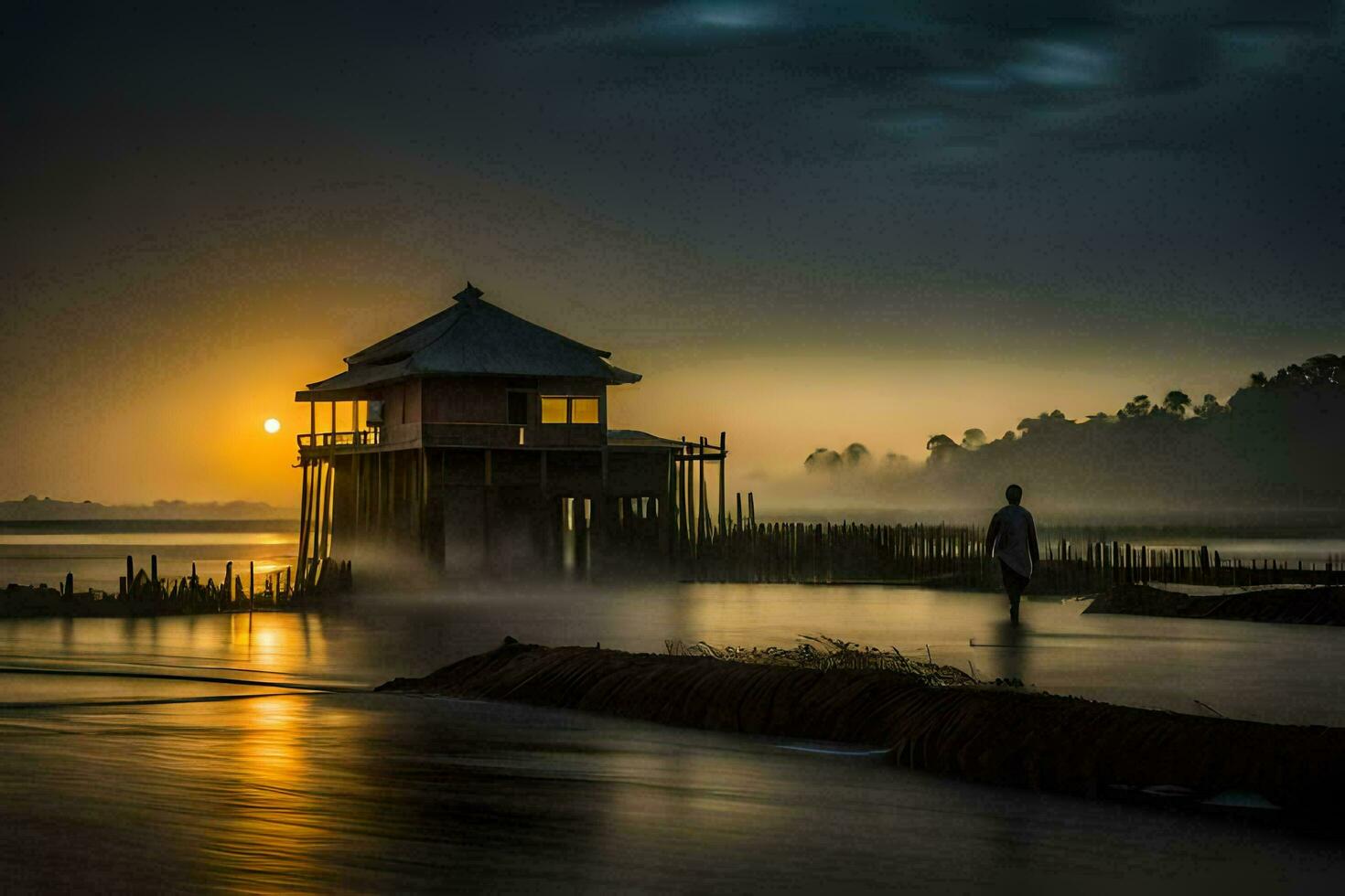 a man stands in the water at sunset. AI-Generated photo