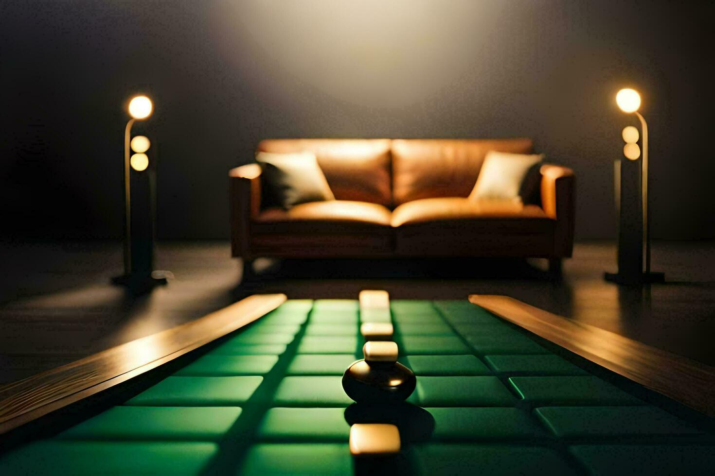 a billiard table with a couch and two lamps. AI-Generated photo