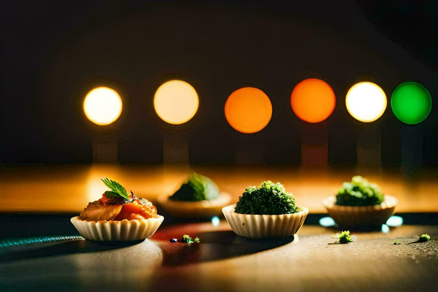 three small desserts on a table with candles. AI-Generated photo