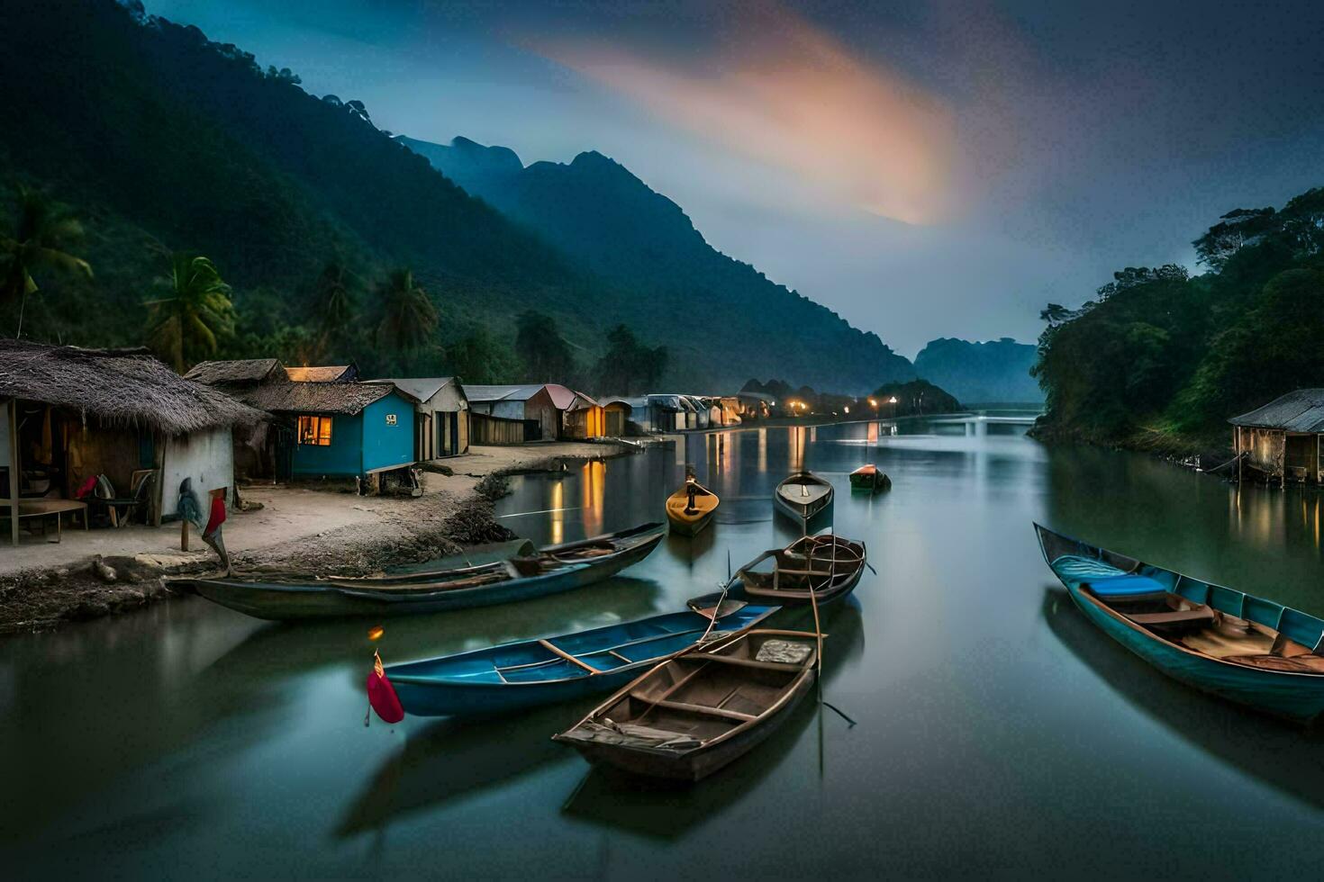 boats docked in the water at night near a village. AI-Generated photo