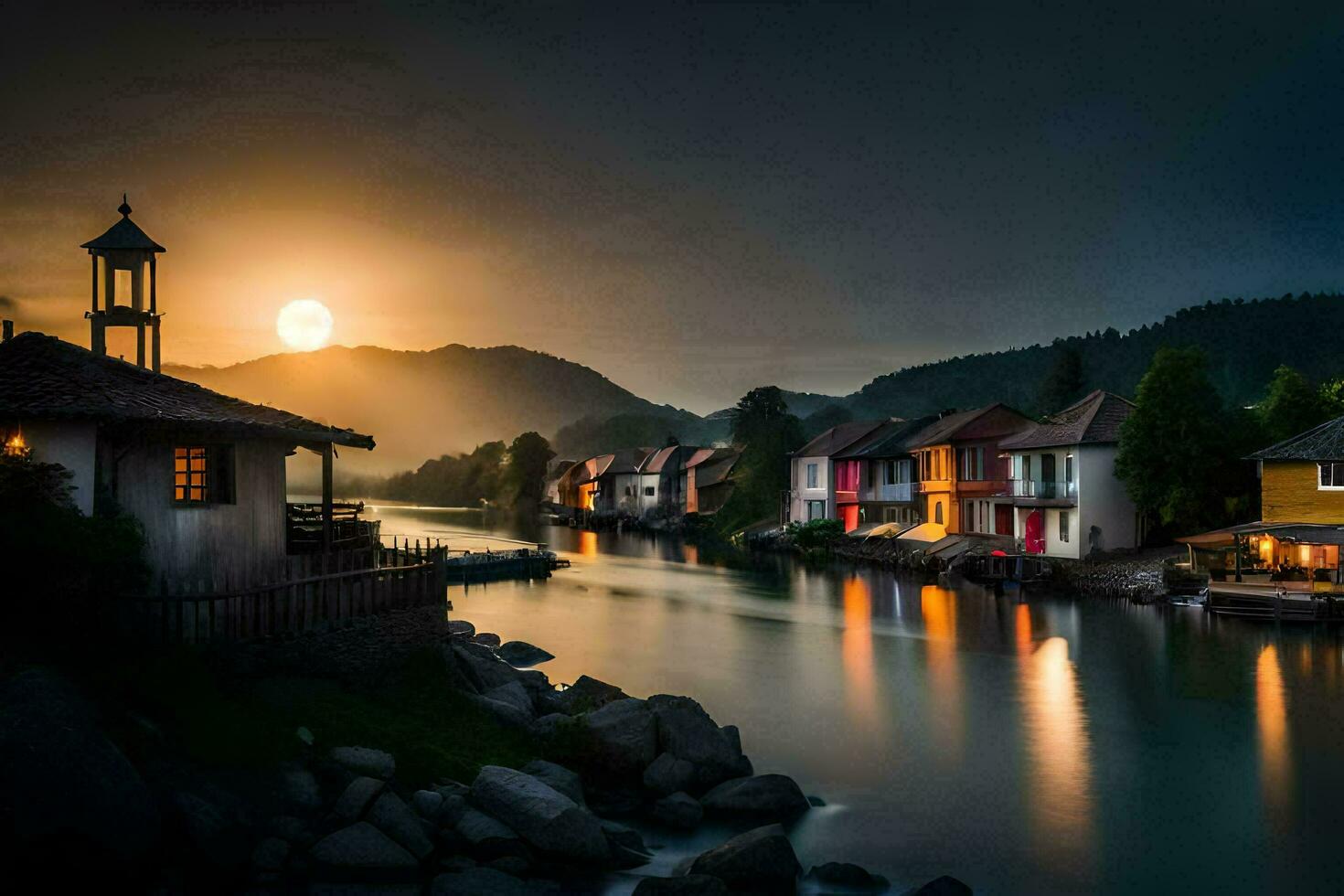 the sun sets over a river and houses. AI-Generated photo