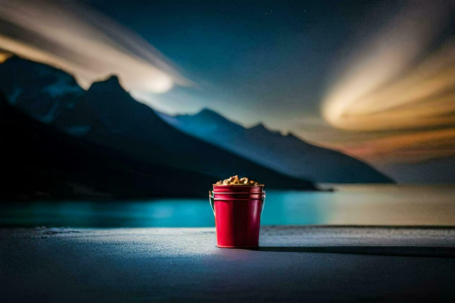 a red cup sitting on the ground with mountains in the background. AI-Generated photo