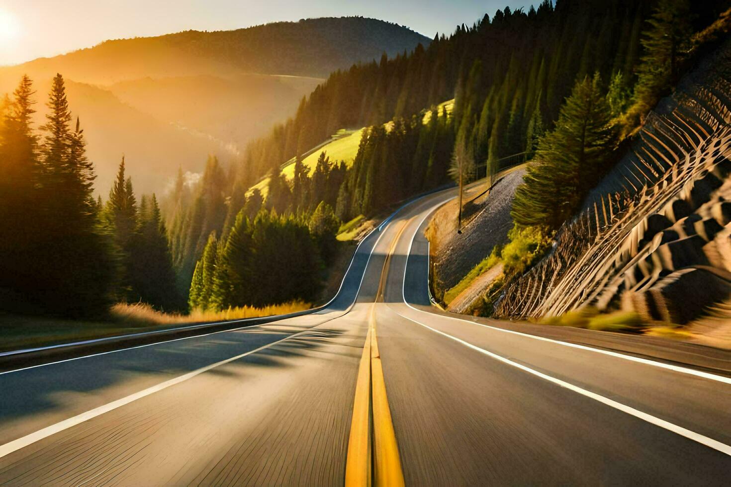 a highway with trees and mountains in the background. AI-Generated photo