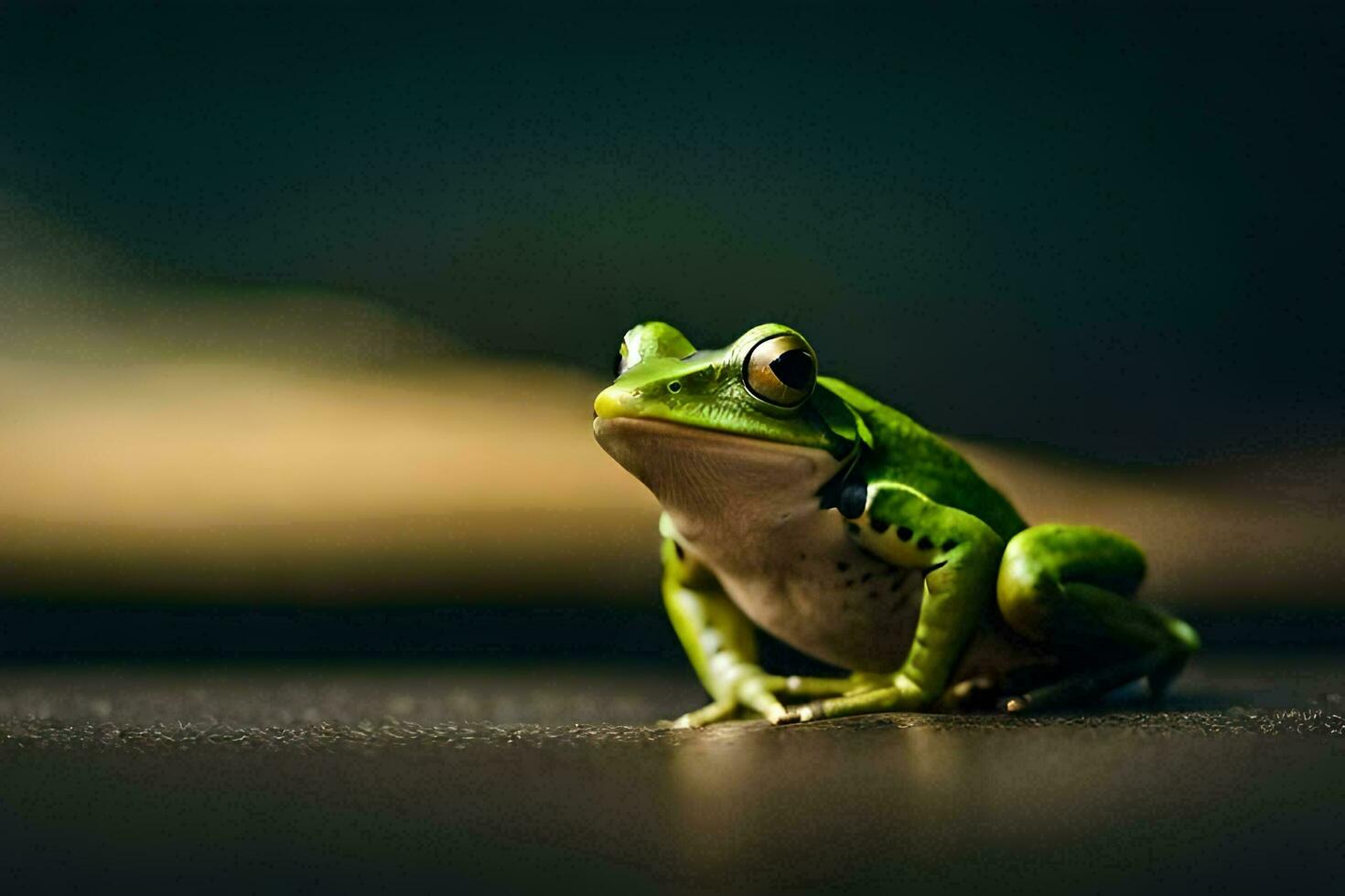 a frog sitting on a dark surface with a blurry background. AI-Generated photo