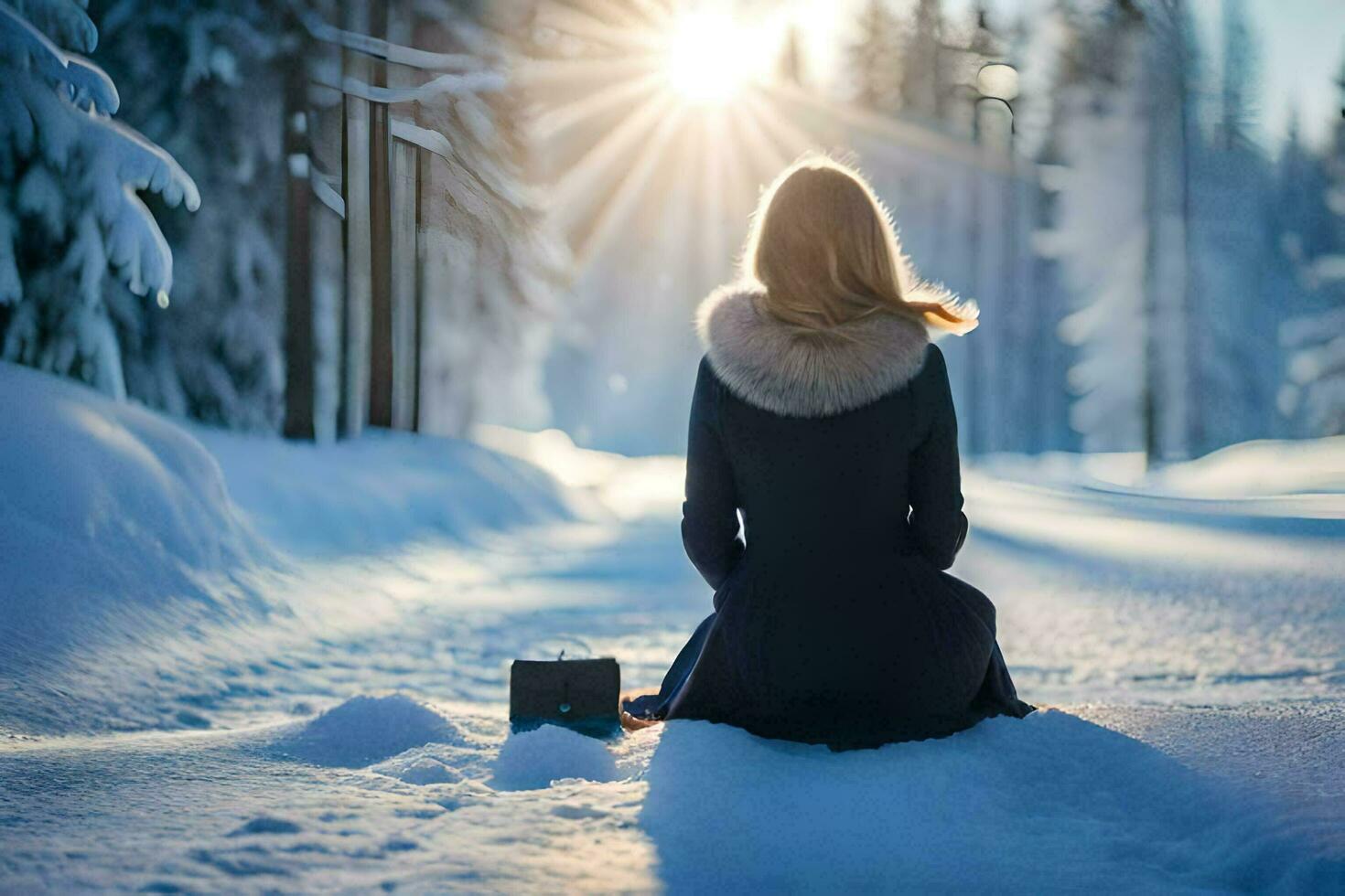 a woman sitting in the snow with her back to the sun. AI-Generated 34312289  Stock Photo at Vecteezy