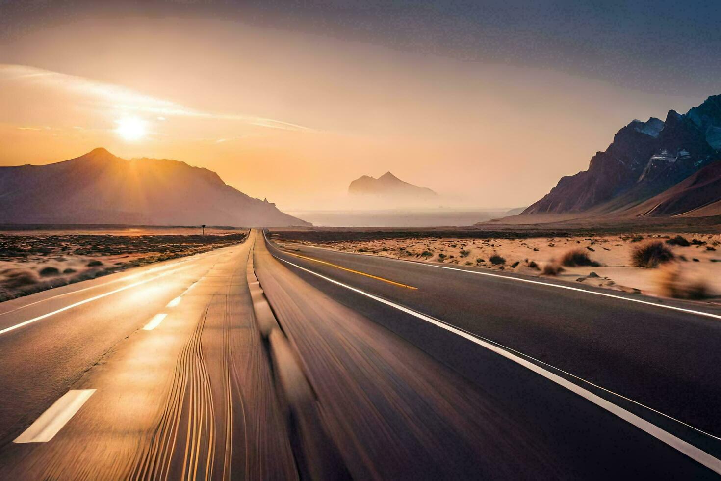 a road in the desert at sunset. AI-Generated photo