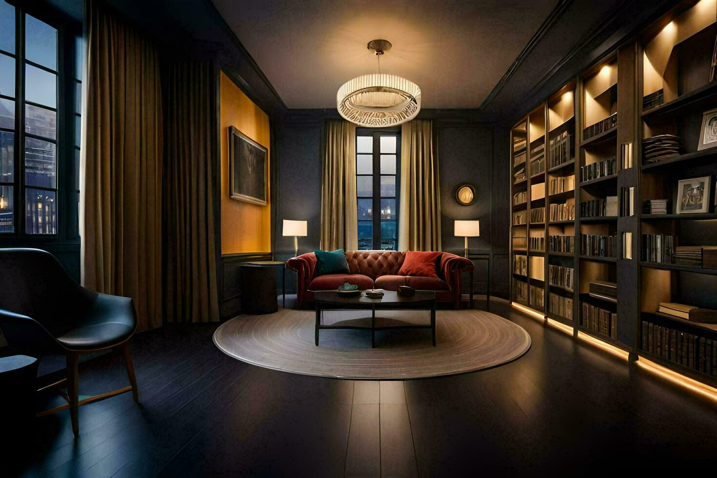 a library with a couch, bookshelves and a lamp. AI-Generated photo