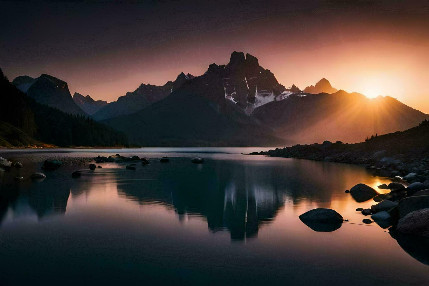 the sun rises over a mountain range in the distance. AI-Generated photo