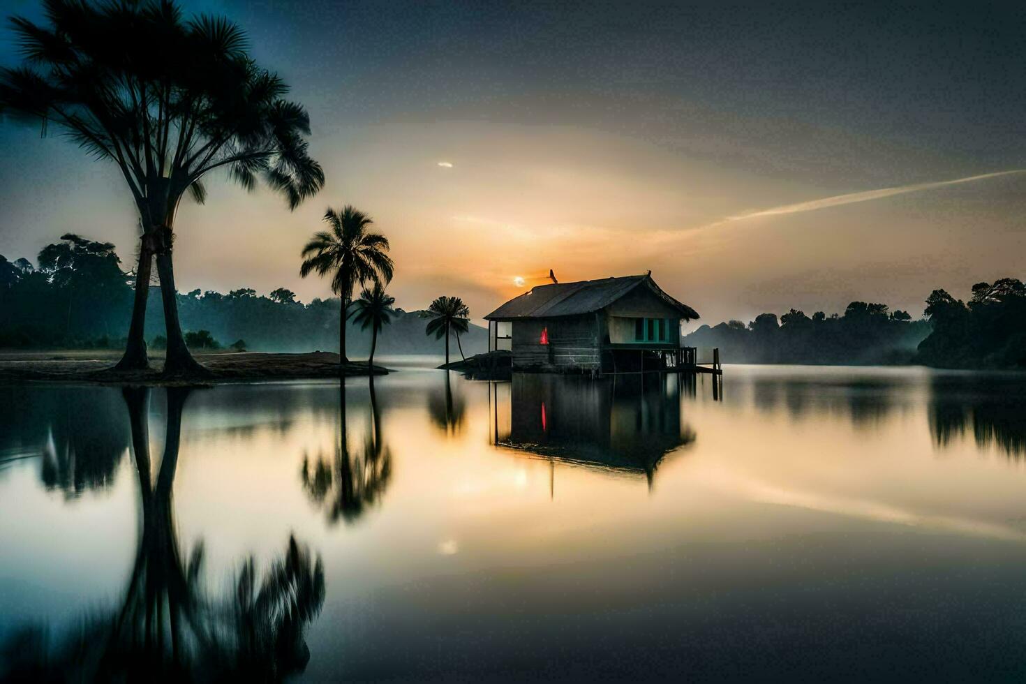 a house on the water at sunset. AI-Generated photo