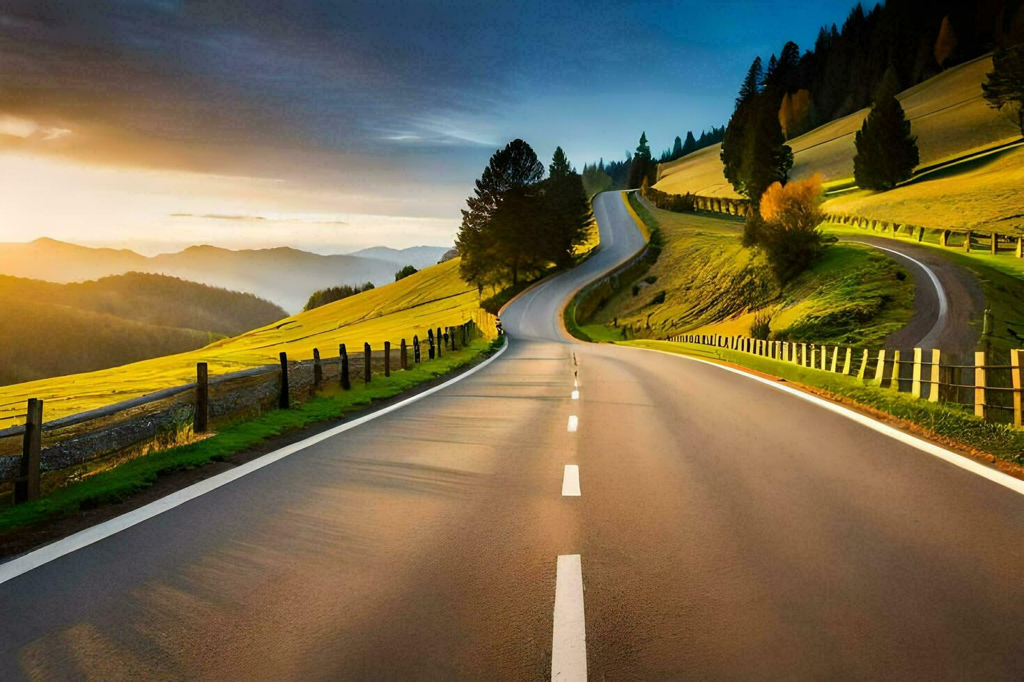 a long road with a sunset in the background. AI-Generated photo