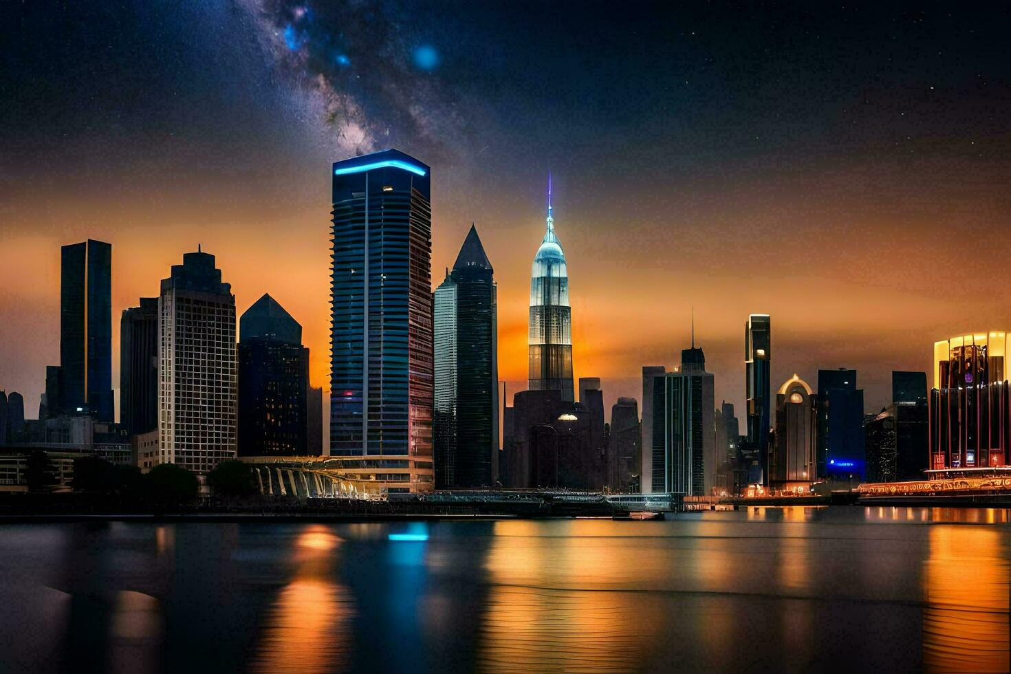 the city skyline at night with the milky in the sky. AI-Generated photo