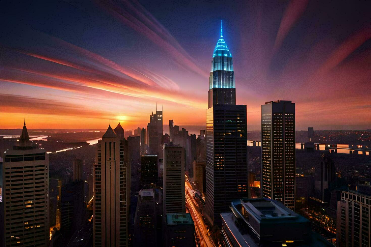 the empire state building is seen at sunset. AI-Generated photo