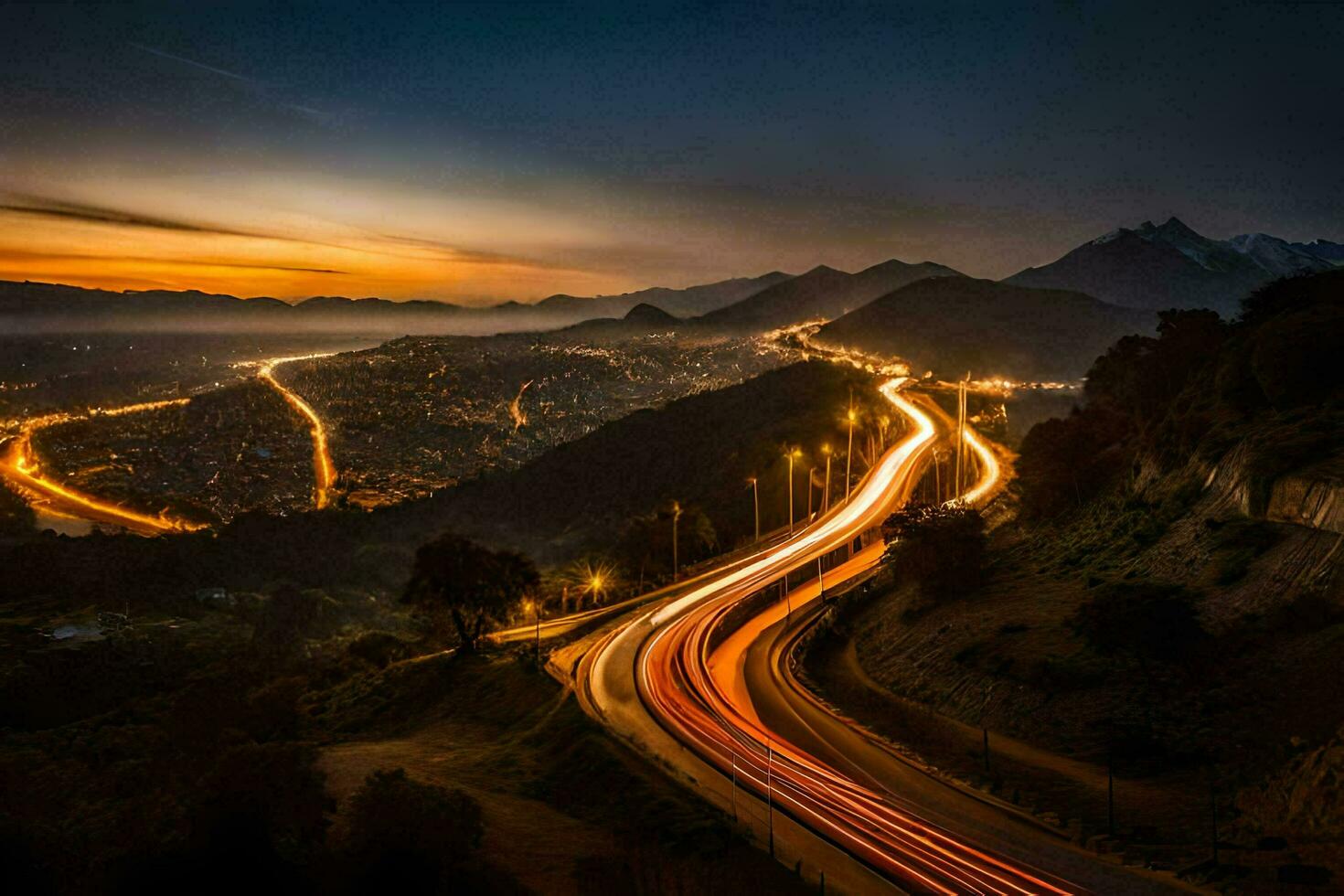 un largo exposición fotografía de un ciudad a noche con luces en el la carretera. generado por ai foto