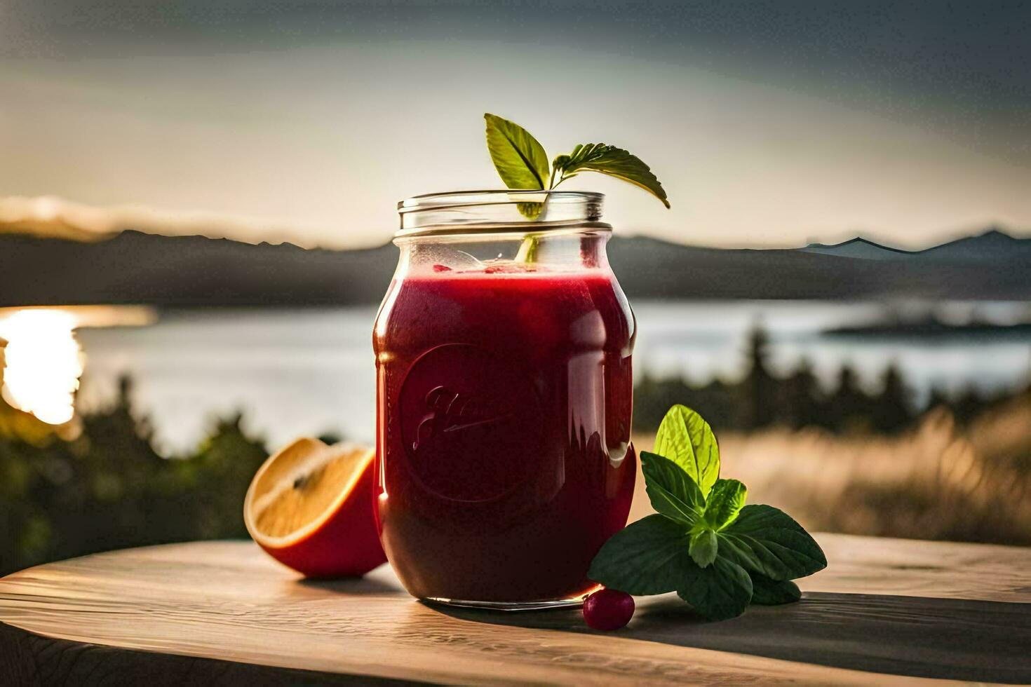 a glass of juice with berries and a leaf. AI-Generated photo