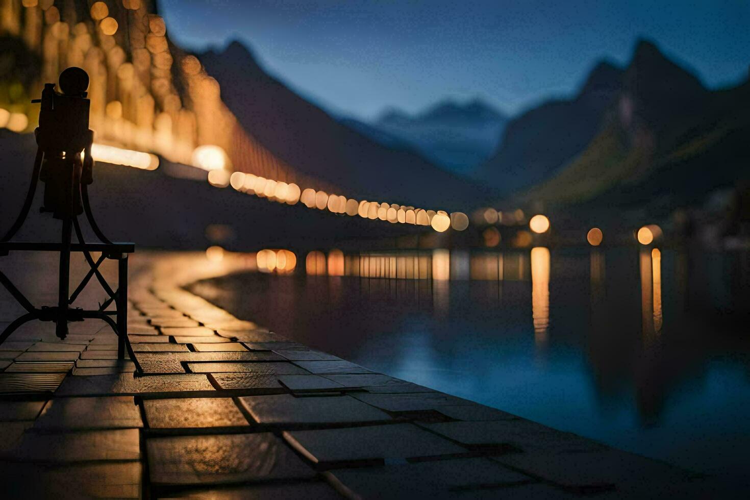 a chair sits on the edge of a lake at night. AI-Generated photo