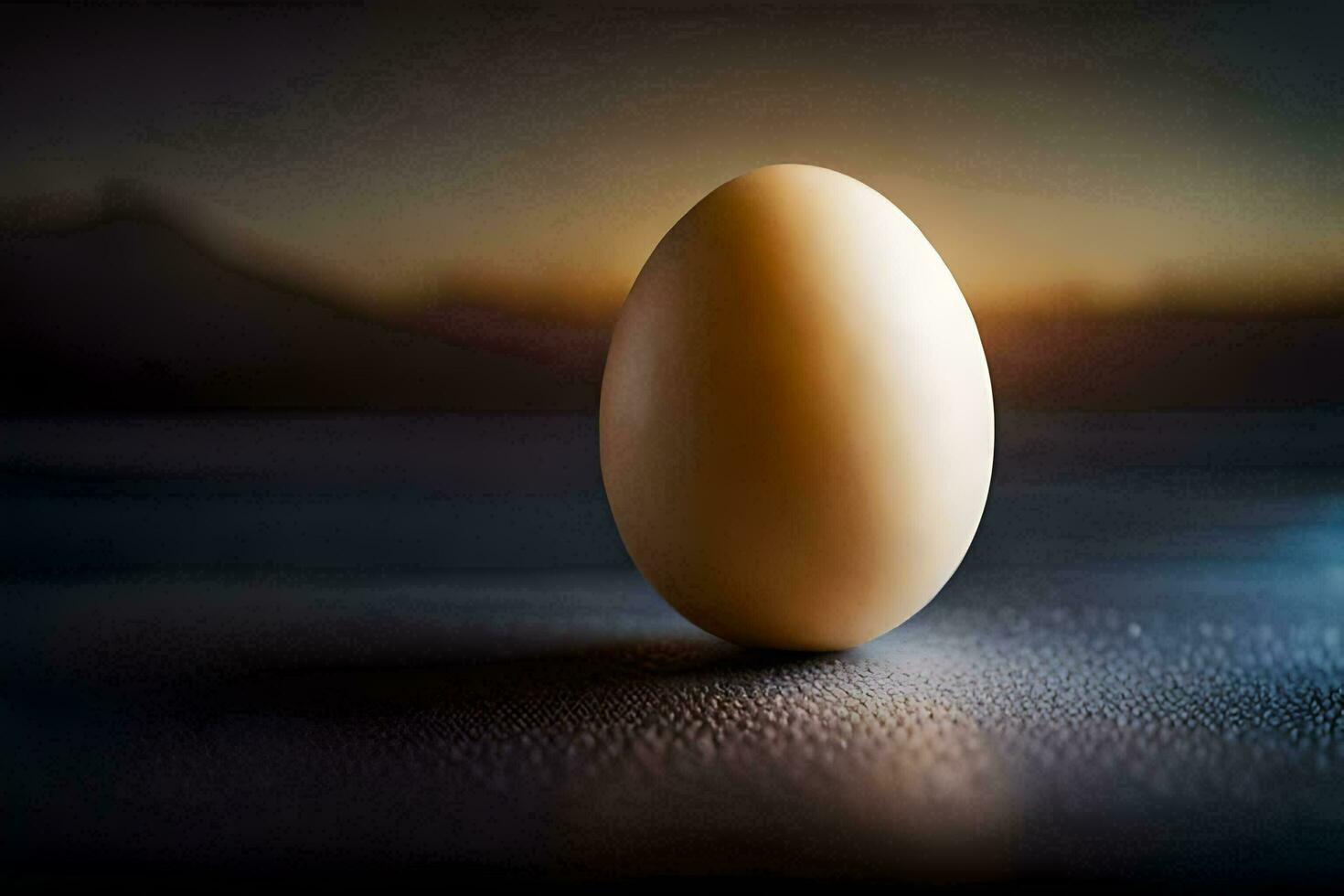 an egg sitting on a table with a sunset in the background. AI-Generated photo
