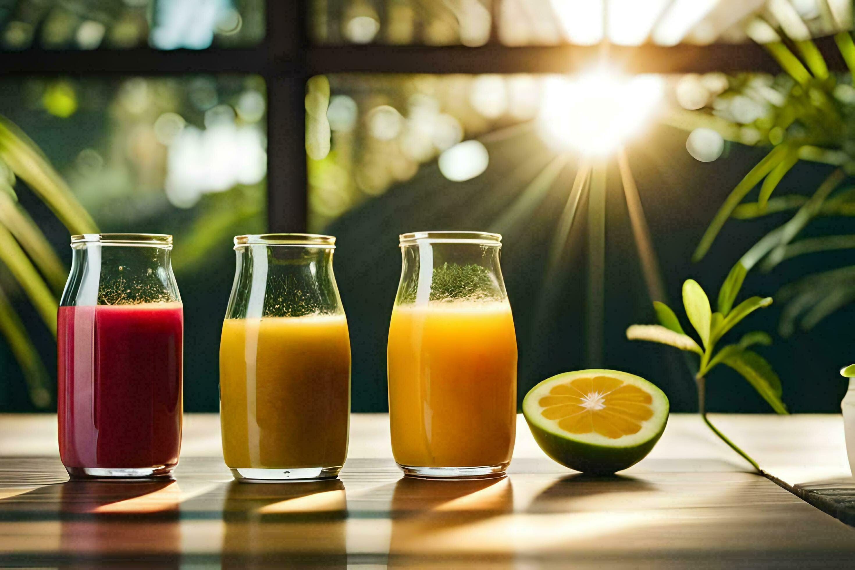 three different types of juice in glass bottles. AIGenerated 34312638
