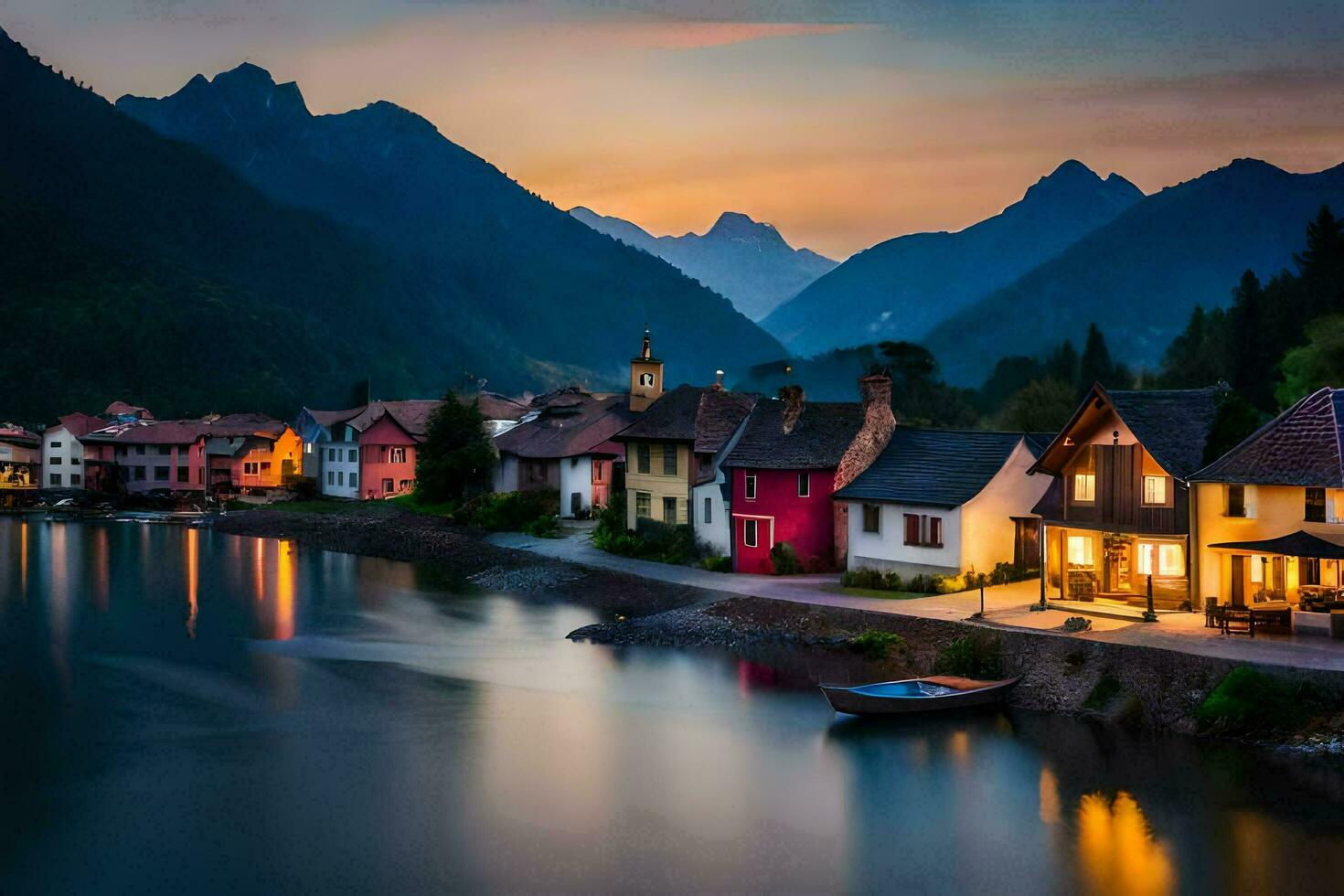 photo wallpaper the sky, mountains, lake, houses, the village, the lake, the village. AI-Generated