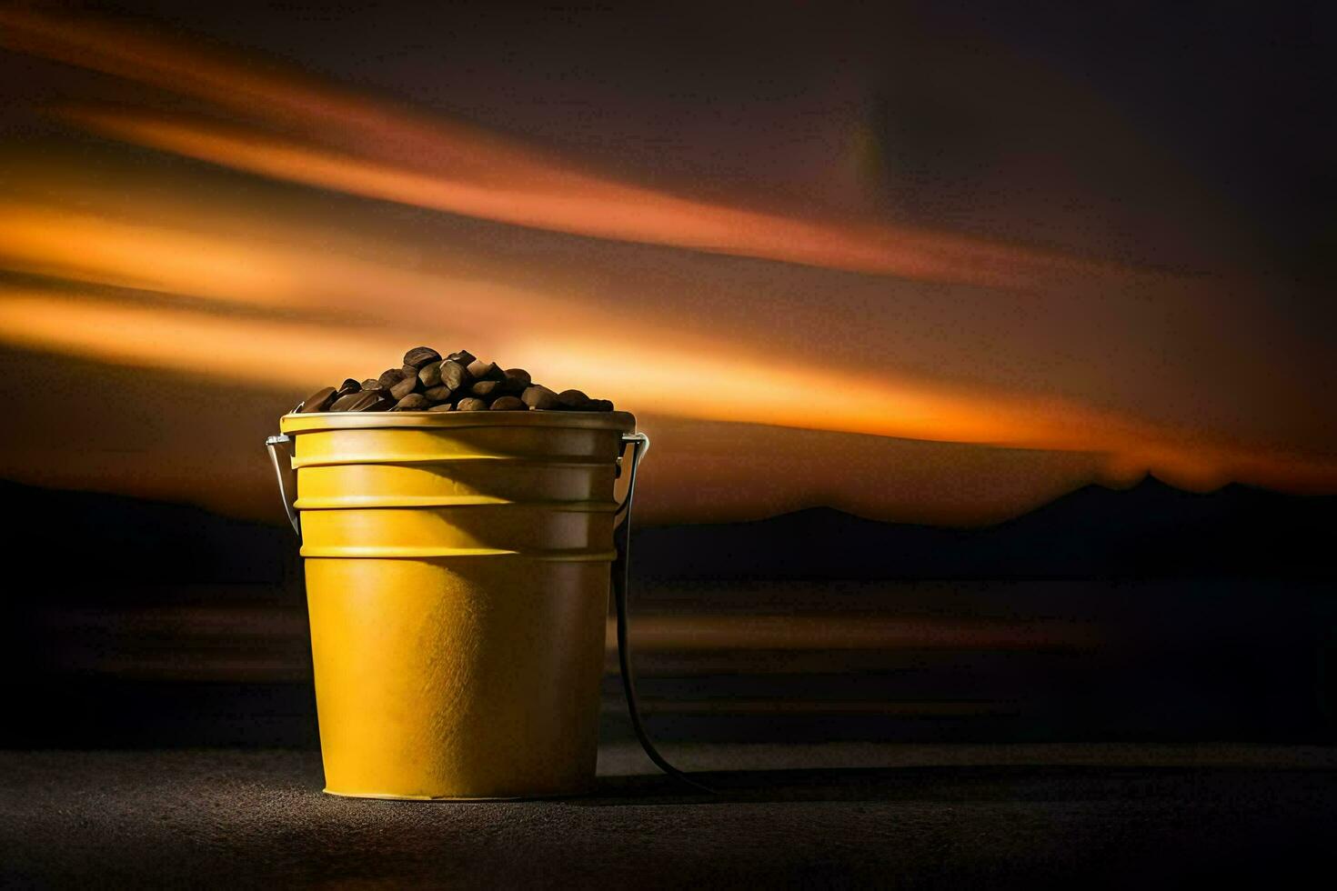 un Cubeta de café frijoles en un mesa en frente de un puesta de sol. generado por ai foto