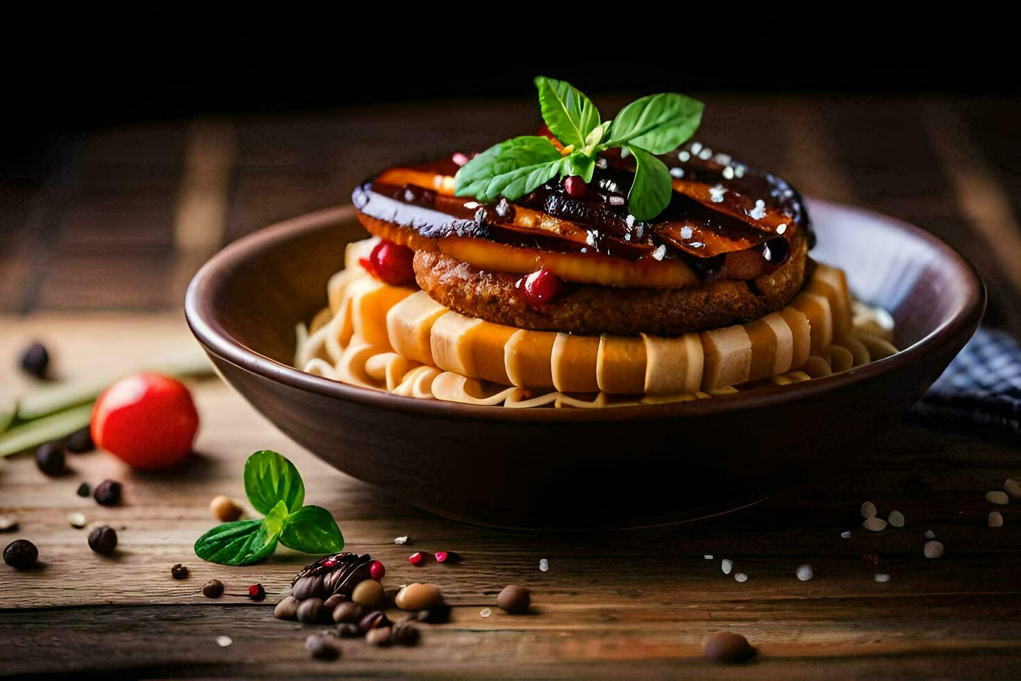 a plate with food on it and spices. AI-Generated photo