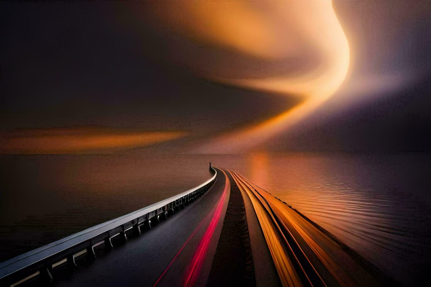 a long exposure photograph of a road with a long streak of light. AI-Generated photo