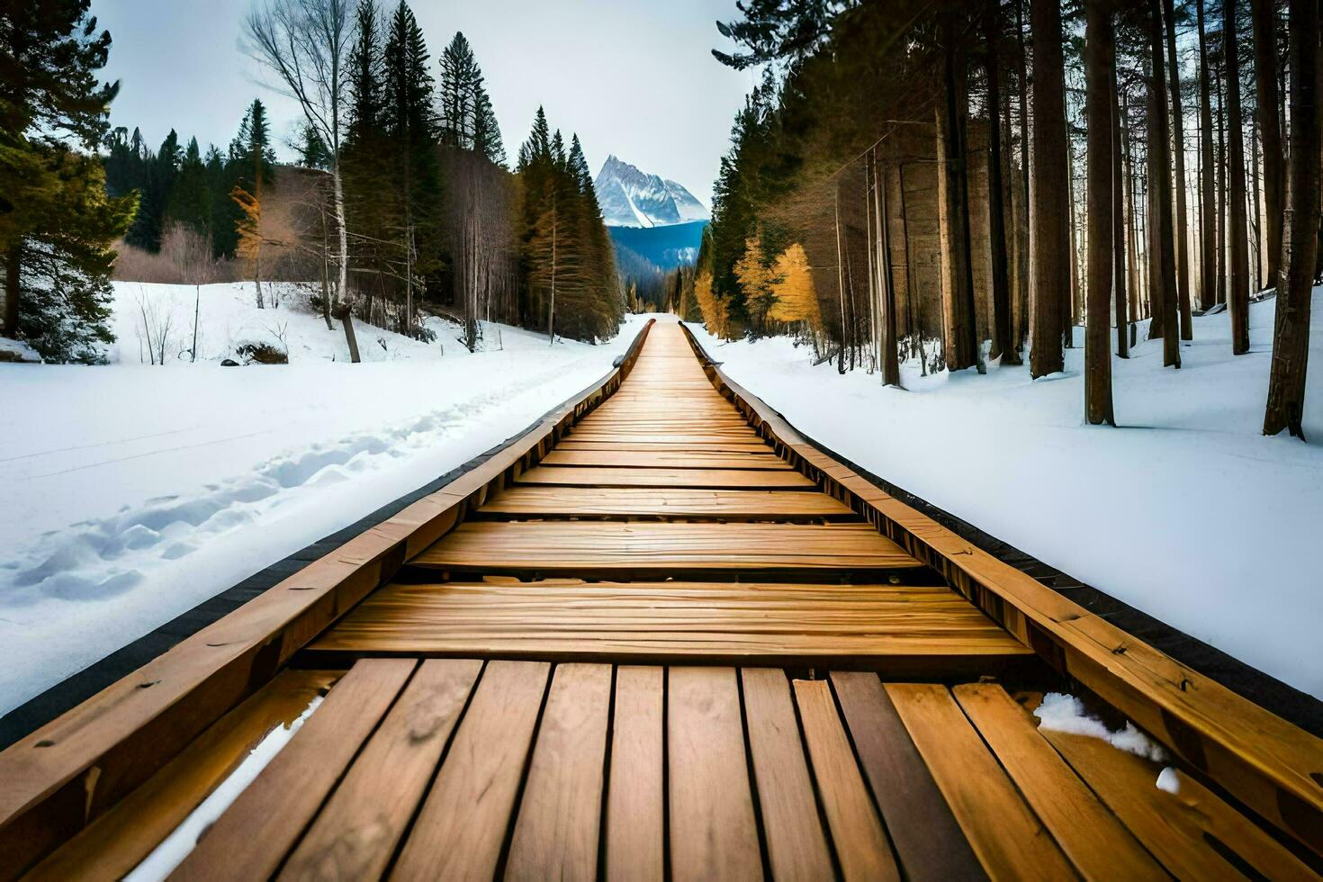 a wooden walkway in the snow. AI-Generated photo