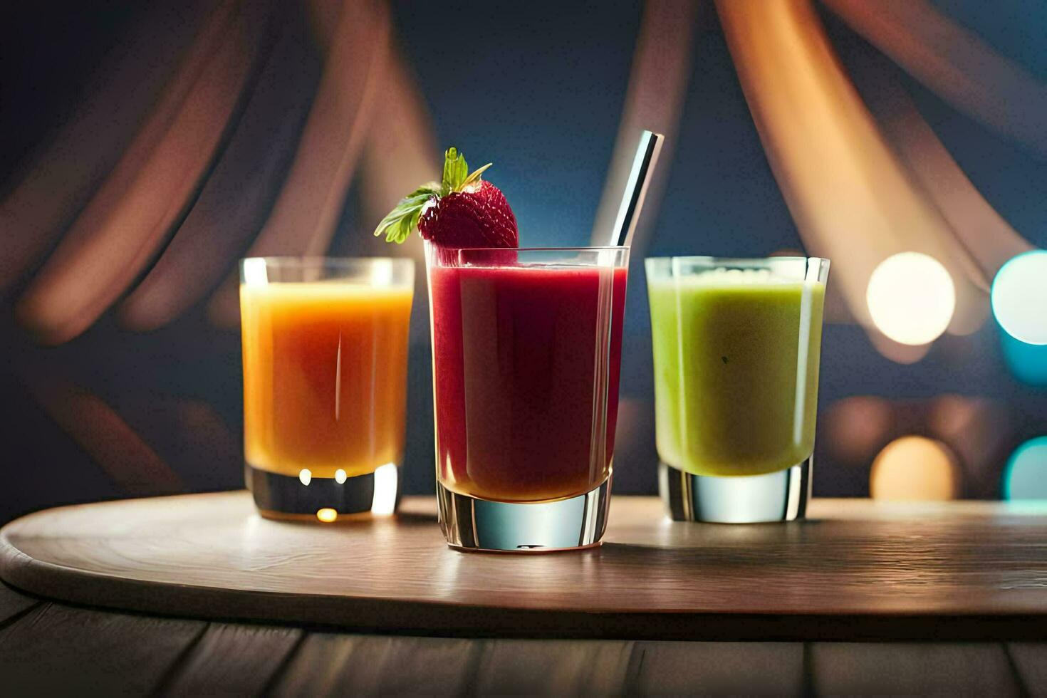three different types of juices sit on a table. AI-Generated photo
