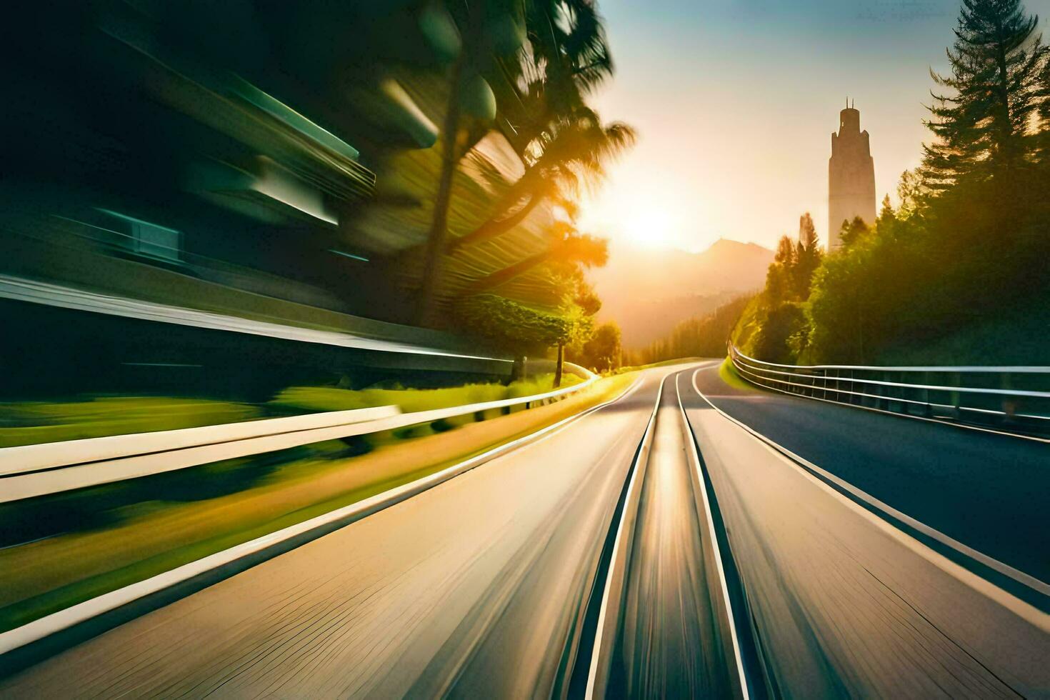 a blurry image of a train speeding down a road. AI-Generated photo