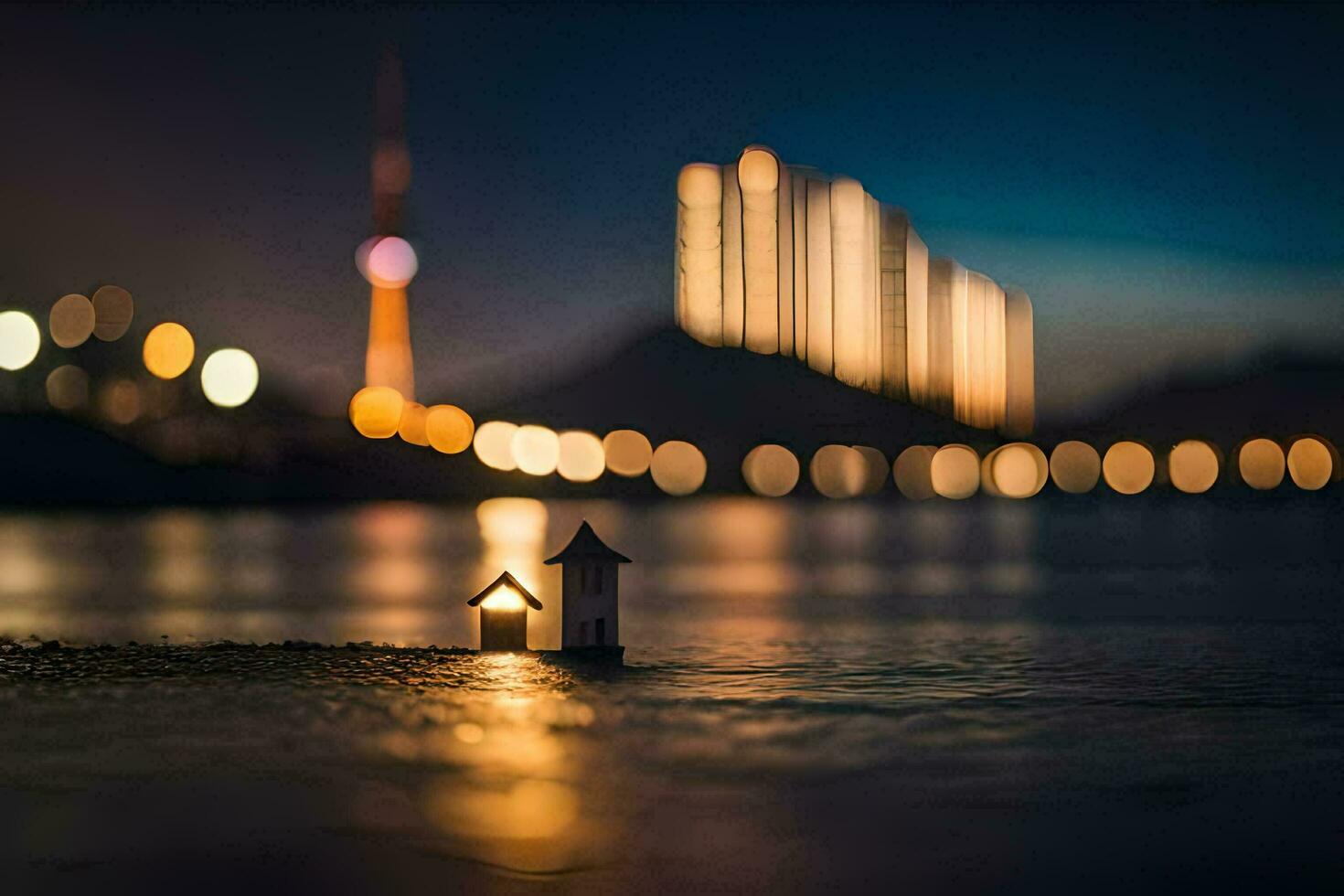 a small house on the beach at night. AI-Generated photo