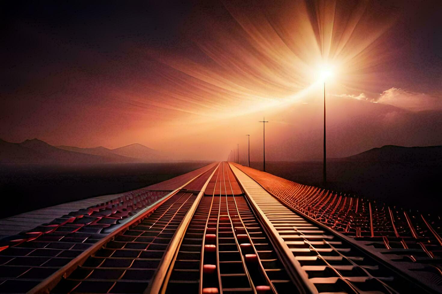 a train track with the sun shining on it. AI-Generated photo
