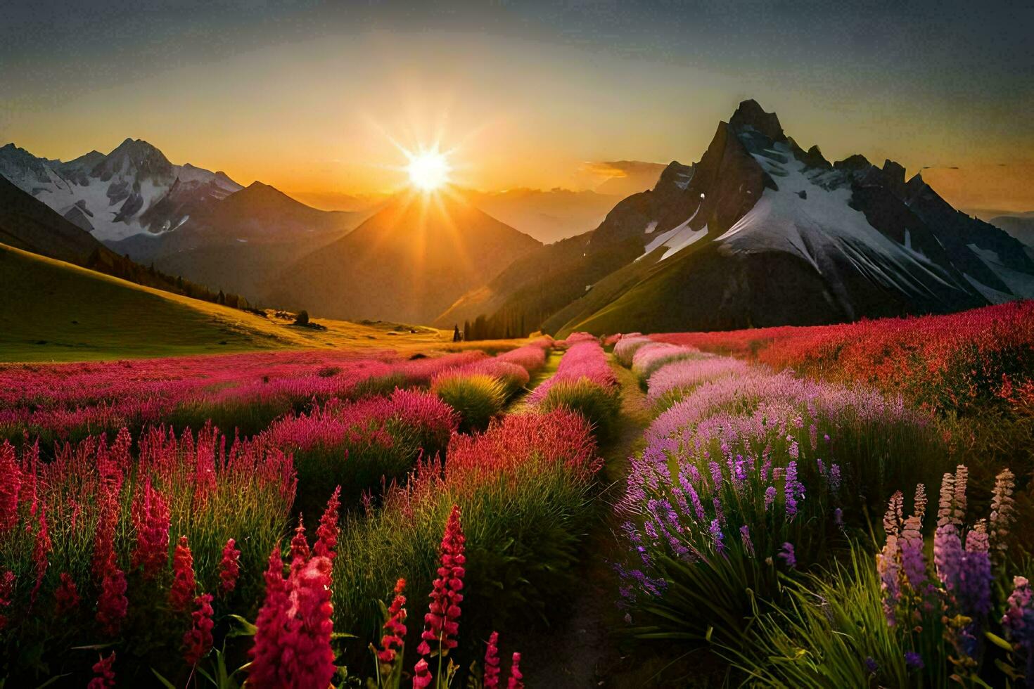 the sun rises over a field of flowers and mountains. AI-Generated photo